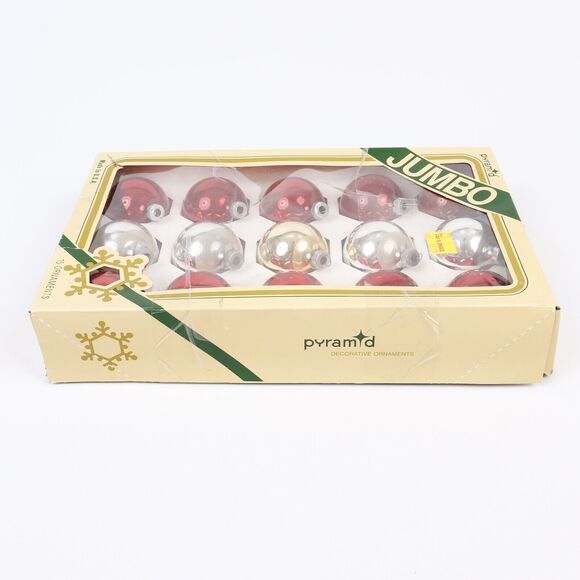 Vintage Pyramid Jumbo 2” Round Christmas Bulb Ornaments 15ct Red & Silver USA - Picture 5 of 10